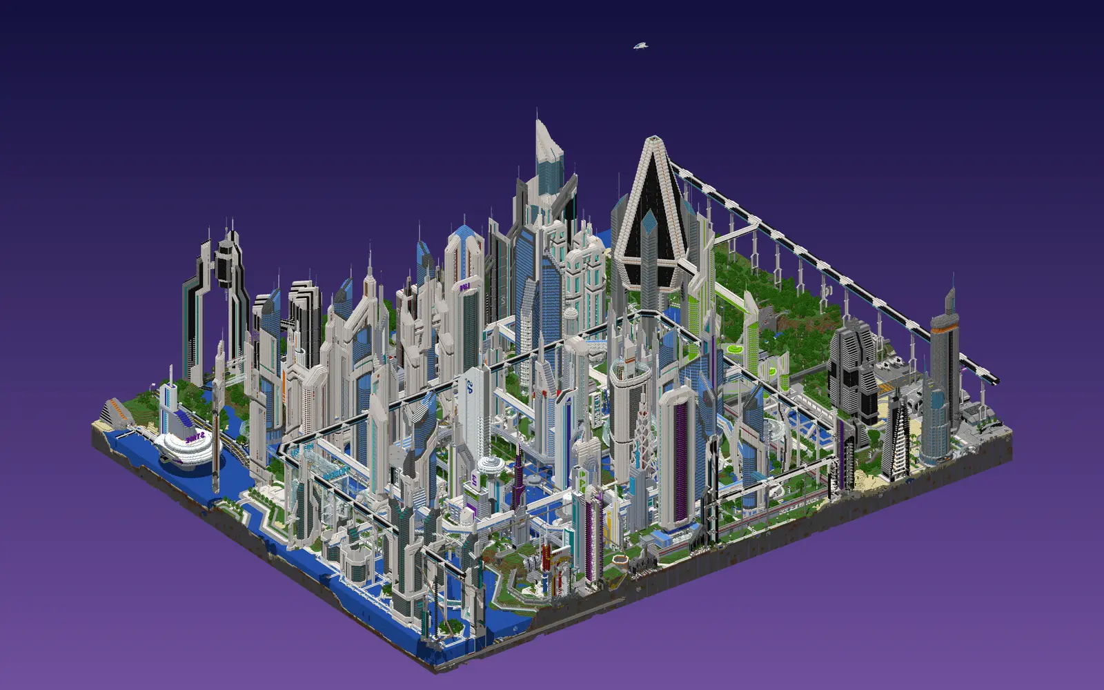 The whole downtown of Future City as a diorama from the opposite corner