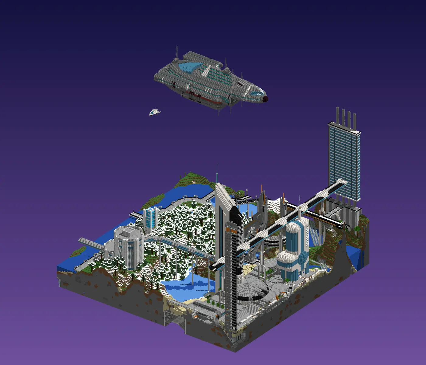 The snowy spruce forest at spawn with an airship above it and a tower to the east