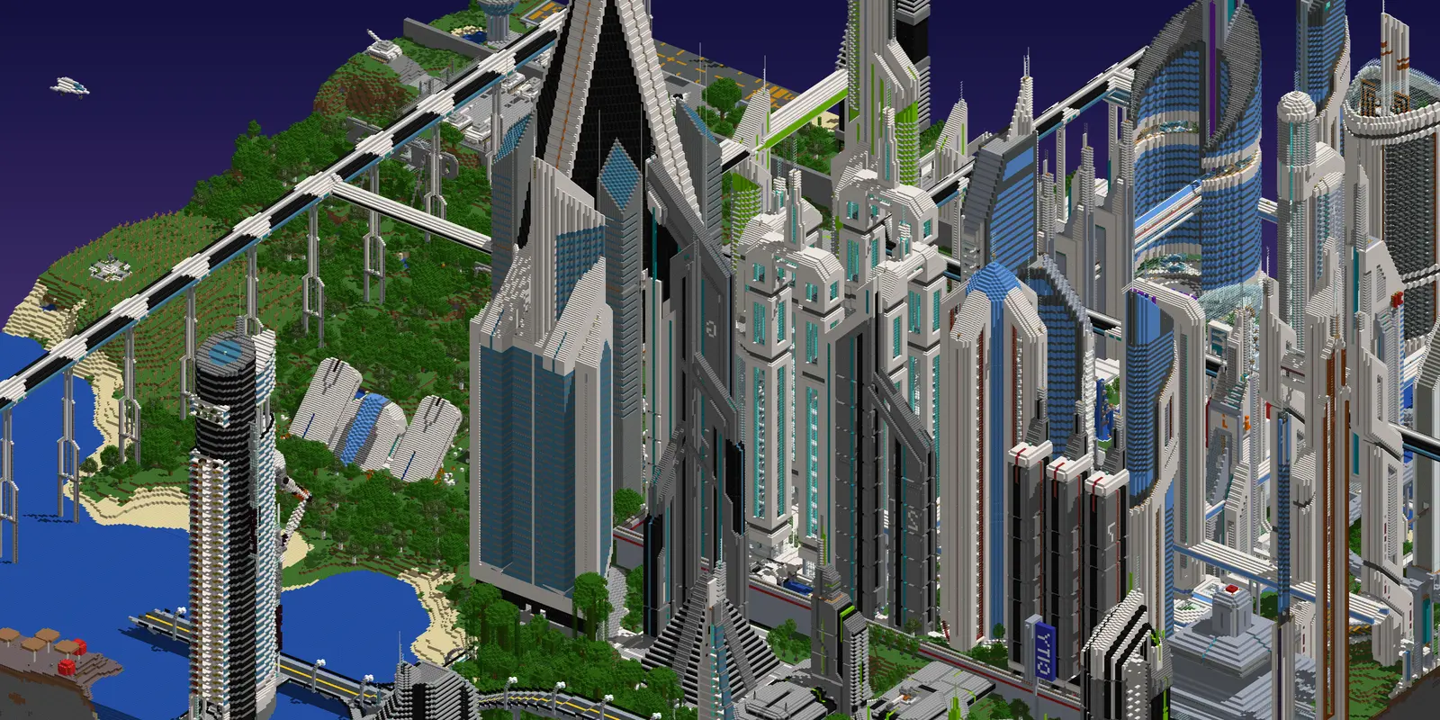 Isometric view of Future City's downtown towers, the monorail and the waterfront park
